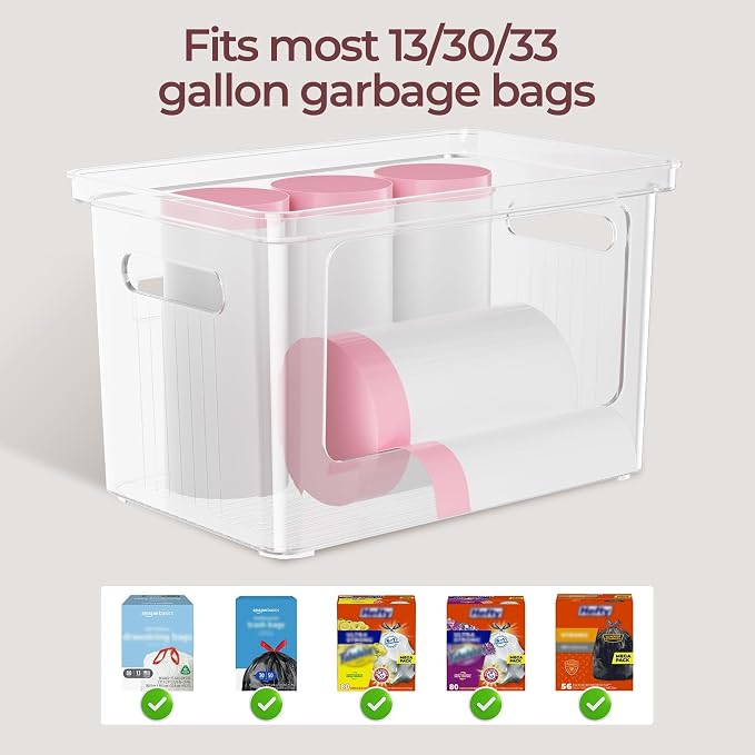 Delamu 2 Pack (XL+S) Trash Bag Dispenser, Stackable Garbage Bag Holder | Clear Acrylic Organizer Bins for Under Sink Organization, Pantry Storage, Cabinet, Kitchen, Laundry, Bathroom
