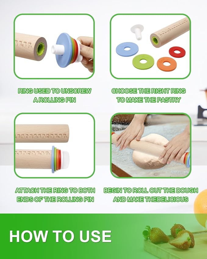 16.7" Rolling Pin with Thickness Rings for Cookies, Dough, Pizza & Pastries, Roller Rod for Dough Thickness, Adjustable Wooden Rolling Pin with 4 Thickness Rings,1PCS