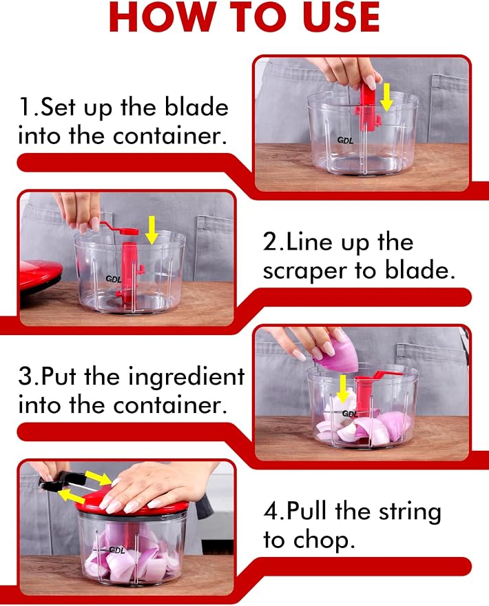 GDL Food Chopper, Pull Onion Chopper Dicer, Hand Powered Food Mincer, Fast Cutting Hand Chopper for Oinon, Garlic, Nut, 3.4 Cups 0.8L, Red