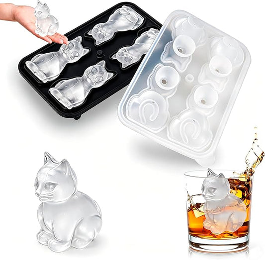 Cat Ice Cube Tray Mold - Cute Fun Ice Molds Gifts for Cat Lovers Women Men | 3D Cat Shape Cute Ice Molds for Whiskey Bourbon, 4-Hole Large Fun Shapes Themed Funny Gifts, for Cat Lovers Women Men