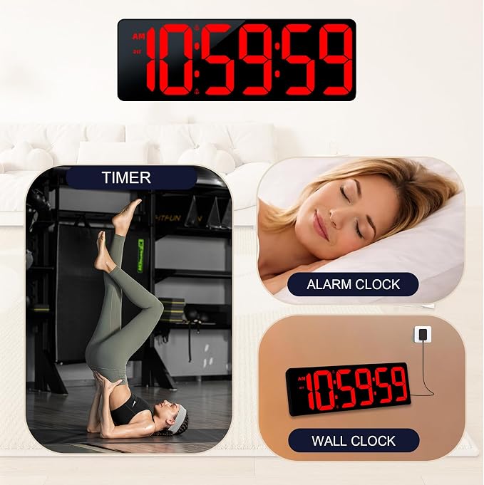 TXL 17.2" Large Digital Timer Clock, Countdown Timer for Classroom Home Gym Kitchen Office, LED Wall Clock with Remote Control, 4 Dimmable Brightness, 12/24H, Auto DST(Red)