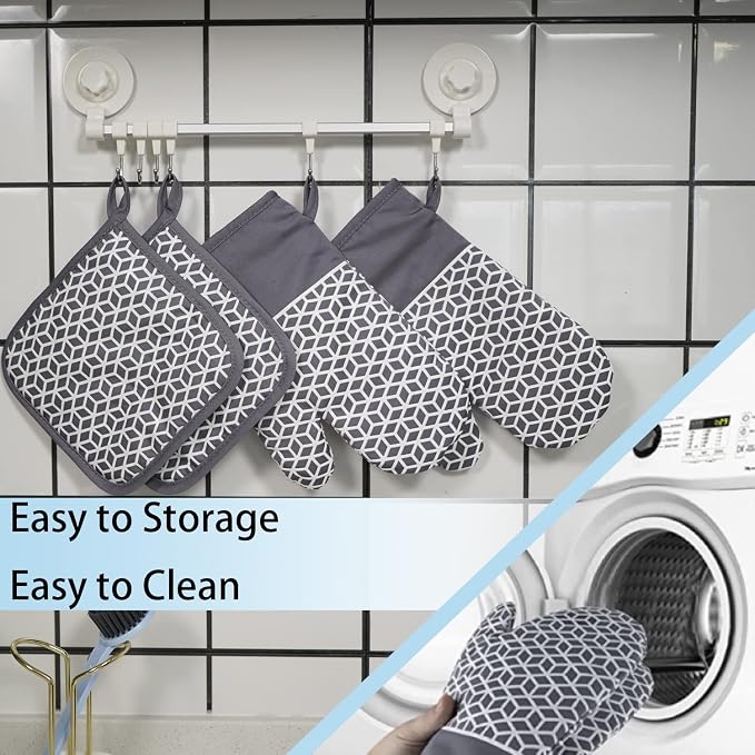 Oven Mitts and Pot Holders Sets 6pcs, Thick Cotton Oven Gloves High Heat Resistant 500℉with Extra Long Oven Mitts and Hot Pads Potholders with Non-Slip Silicone Surface for Cooking Baking