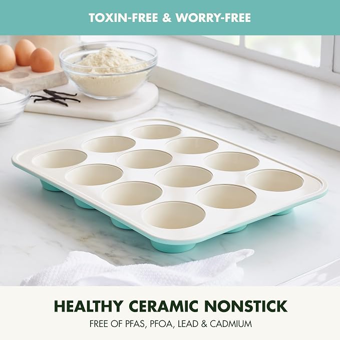 GreenPan Bakewell 12-Cup Muffin Pan, Healthy Ceramic Nonstick Bakeware, PFAS-Free Cupcake Mold, Durable Baking Tray, Versatile Kitchen Essentials, Easy Clean Ovenware, Turquoise