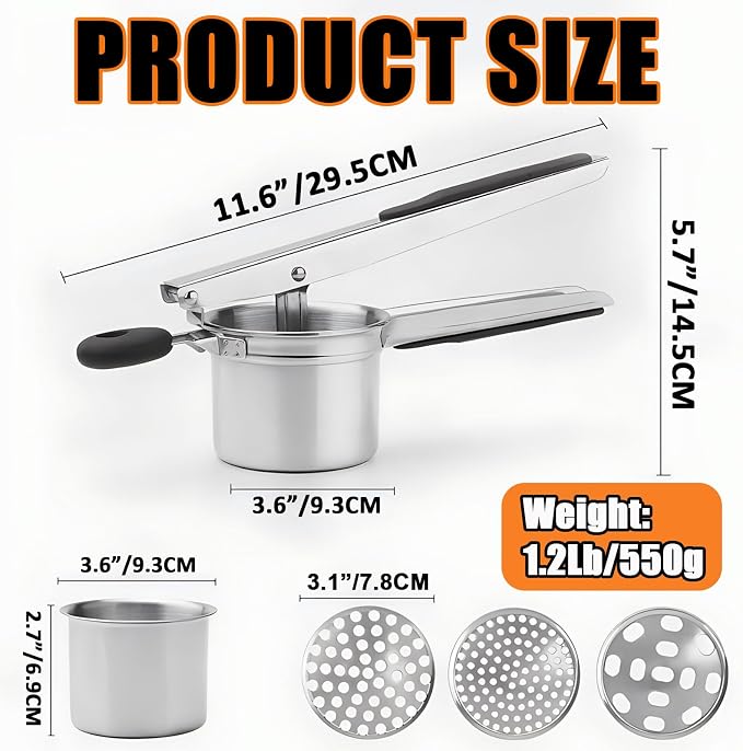 Stainless Steel Potato Ricer 15 oz with 3 Interchangeable Discs - Heavy - Duty and Durable Kitchen Tool for Effortless Mashing