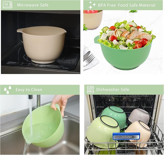 BoxedHome Classic Mixing Bowls Set of 4, BPA Free Plastic, Microwave Safe | 4.5, 3.5, 2.5 and 1.7 QT, Non-slip Base Large Non-toxic Nesting Bowl with Pour Spout, Dishwasher Safe, for Prep, Cooking