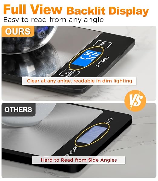 Atogou Food Scale - 33lb Digital Kitchen Scale Ounces Grams, Rechargeable & Full-View Display, Water-Resistant, Batteries or USB-C Charging, Stainless Steel, for Cooking, Meal Prep, Package (Black)