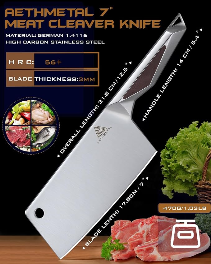 7" Meat Cleaver Knife, Full Tang High-Carbon Stainless Steel Kitchen Cleaver for Chopping Meat, Pork, and Bones, Ergonomic Metal Handle, Professional Chef Butcher Knife