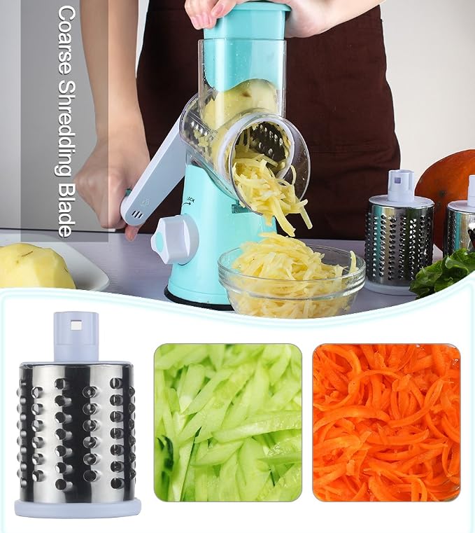 Ourokhome Rotary Cheese Grater Shredder and Hamburger Meat Chopper Stirrer, Round Food Slicer with 3 Drum Blades and Ground Beef Meat Breaker with Heat Resistant 5 Curved Blades