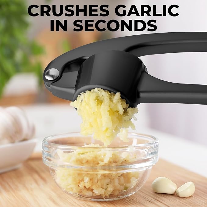 Zulay Kitchen Large Premium Garlic Press Set - Bigger Bowl for Bigger Garlic - Rust Proof Garlic Mincer Tool - Easy-Squeeze, Easy-Clean Silicone Garlic Peeler & Brush (Dark Gray)