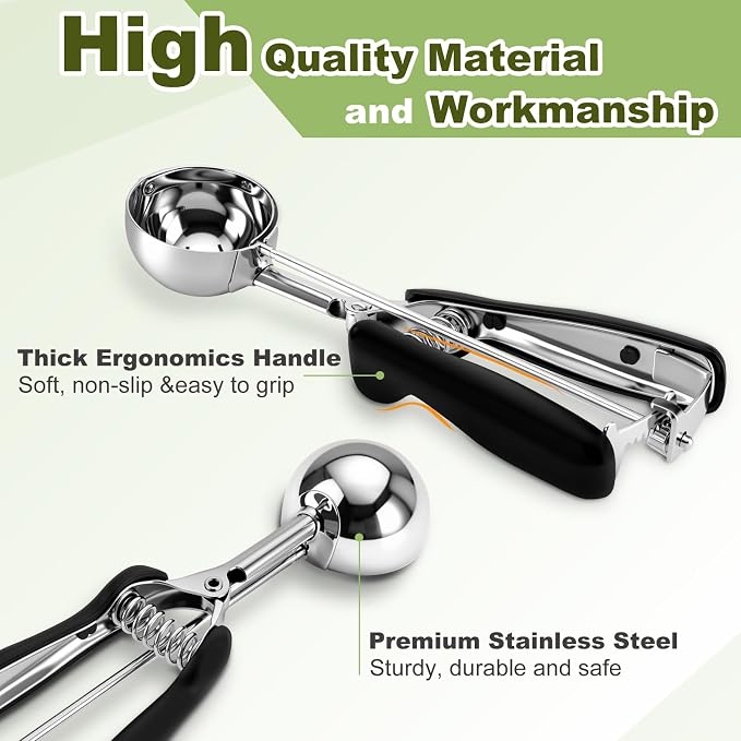 Premium Cookie Scoop, Stainless Steel Cookie Scoops for Baking, Ice Cream Scoop with Trigger, Ice Cream Scooper With Non-slip Grip, Cookie Dough Scoop for Melon Baller, Muffin Scoop, Meatball Scoop