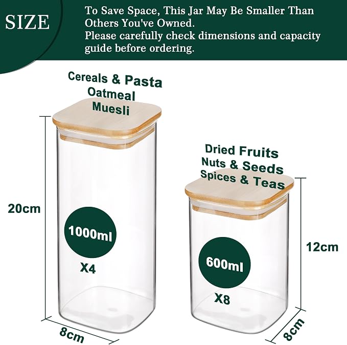 LIBWYS 12-Pack Square Glass Storage Jars with Bamboo Lids (0.6Qt/1.06Qt) - Stackable Food Containers for Pantry Organization, Coffee, Flour, Snacks, Tea | Kitchen Canisters Set | Stackable Dry Food Containers for Pantry Organization, Coffee, Flour, Sna...