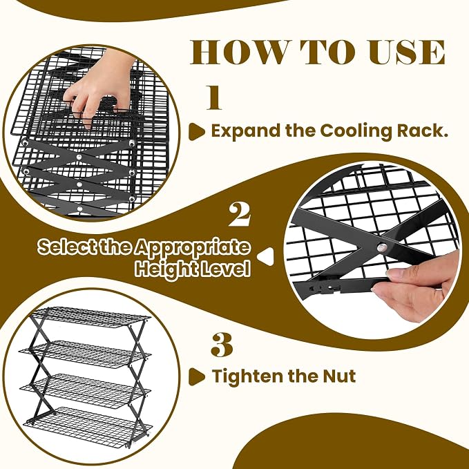 BEWOS 4 Tier Collapsible Cooling Rack - Adjustable Black Stainless Steel Baking Rack with Mesh Leak Proof, Foldable X-Shaped Structure Cooling Racks for Cooking and Baking, Dishwasher Safe