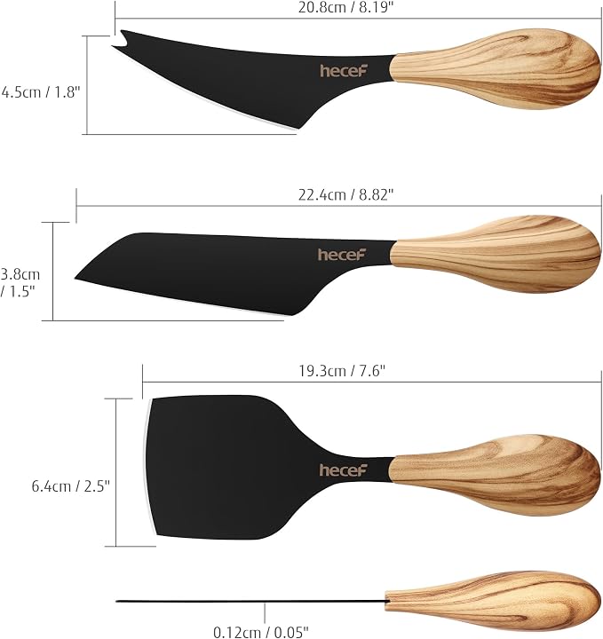 hecef Cheese Knife Set of 3, Includes Pronged, Hard Cheese & Chisel Knife, Matte Black Stainless Steel Knives with Wood Grain Handles, Cheese Tools for Charcuterie Boards, Entertaining, Feast