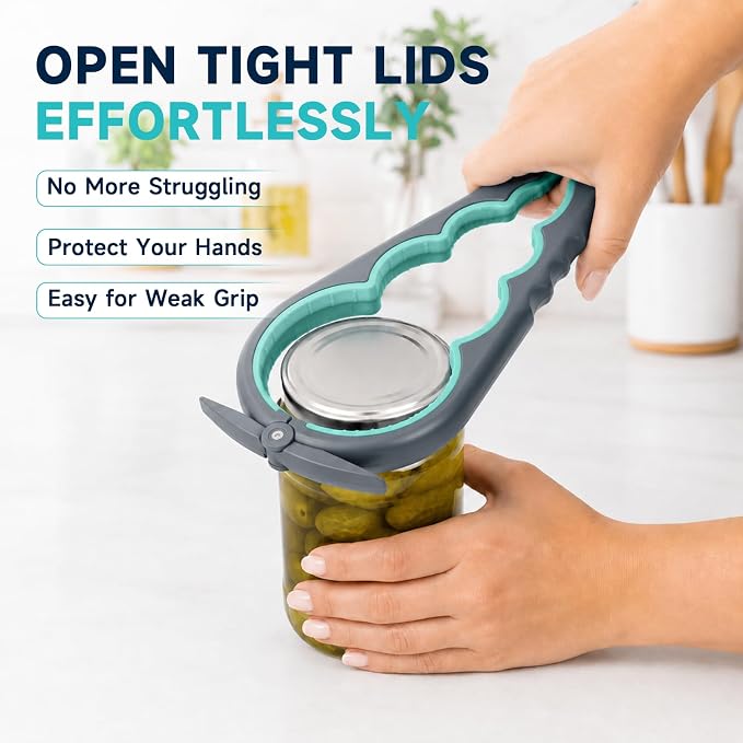 Jar Opener for Weak Hands, Seniors with Arthritis, 3-Piece Set with 5-in-1 Bottle Opener, Can Opener & Non-Slip Rubber Gripper Pad, Easy Grip Lid Opener for Arthritic Hands