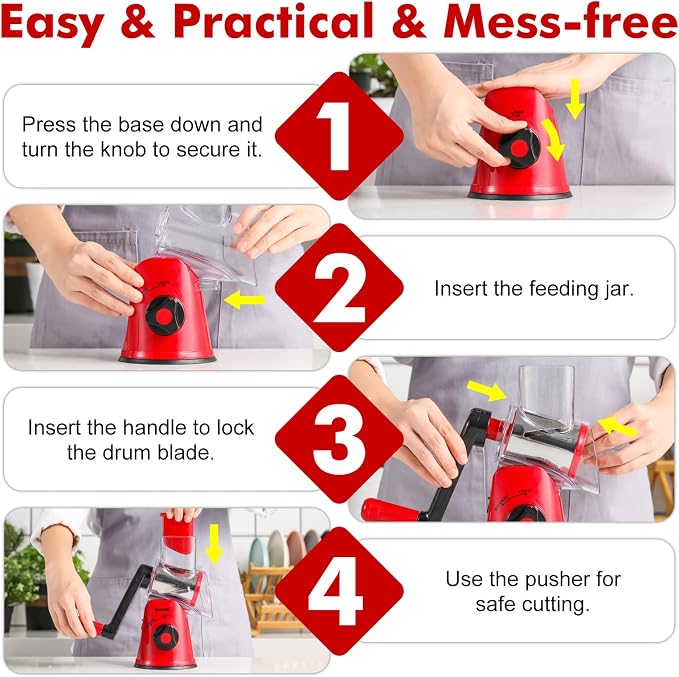 Cheese Grater Rotary, Rotary Grater for Kitchen, Kitchen Grater Vegetable Slicer with 3 Drum Blades, Fast Cutting Cheese Shredder for Vegetables and Nuts