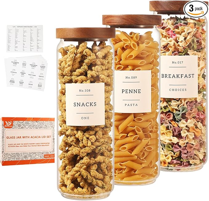 3 Pack Glass Canisters with Airtight Acacia Lids and 132 Kitchen Pantey Labels Preprint - 45 Fl Oz Borosilicate Glass Pantry Storage Jars Containers with Wooden Lids for Tea,Sugar,Cookie,Coffee,Nuts