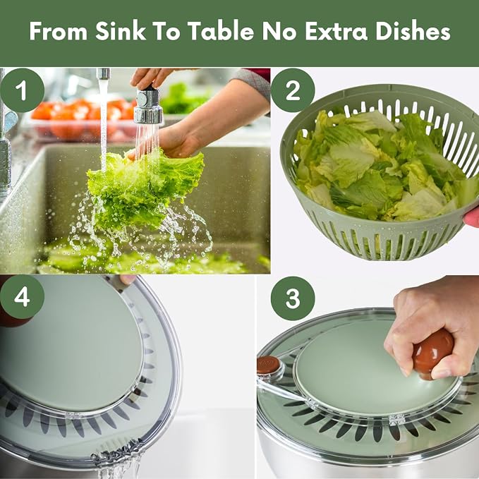 Stainless Steel Salad Spinner with Storage Lid, BPA-Free Lettuce Spinner, 5-in-1 Salad Bowl & Fruit Cleaner with Non-Slip Base, Dishwasher Safe, 5 Blade Slicer & Egg Yolk Separator, 5.3Qt