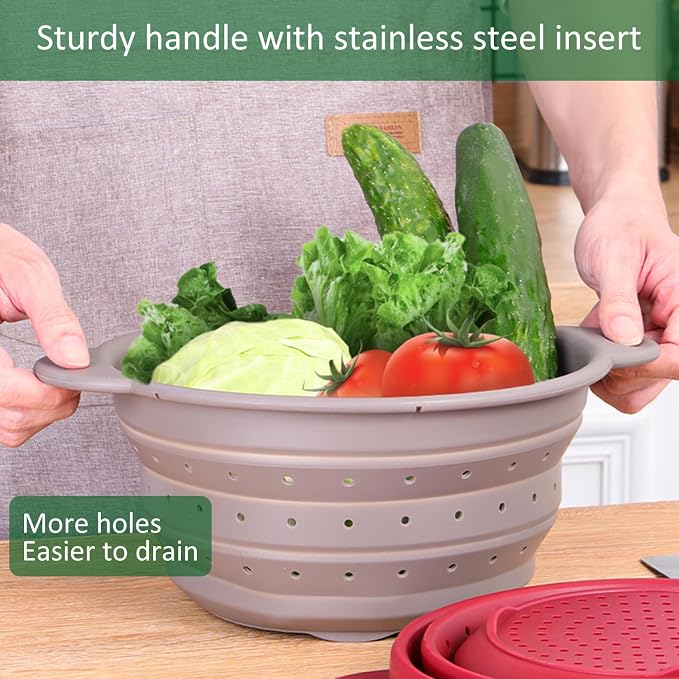 Collapsible Silicone Colander Bowl Set,BPA Free, Heat Resistant, Stainless Steel Nesting, Portable Washing Basket Strainer Drain Basin for Camping, Hiking, Kitchen, Dishwasher Safe (Grey+Green)