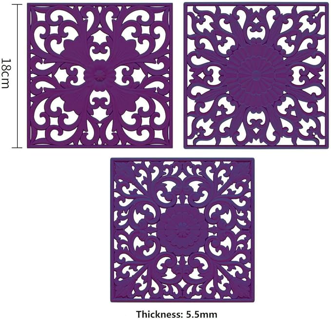 Silicone Trivets for Hot Dishes, Square Trivet Hot Pads for Kitchen Counter, Trivet Mat for Hot Pots and Pans, Thick Heat Resistant Mat for Quartzs, Kitchen Tabletops Pot Holder Set 3 Purple