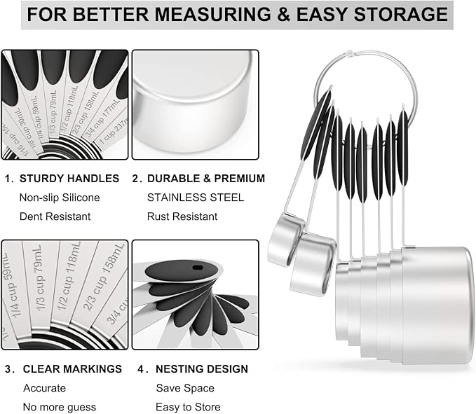 Measuring Cups & Spoons Set of 16, Wildone Stainless Steel Measuring Cups and Measuring Spoons with Black Silicone Handle, Including 8 Nesting Cups, 8 Spoons, for Dry and Liquid Ingredient | 8 Measuring Cups and 8 Measuring Spoons, Nesting Design, Heav...