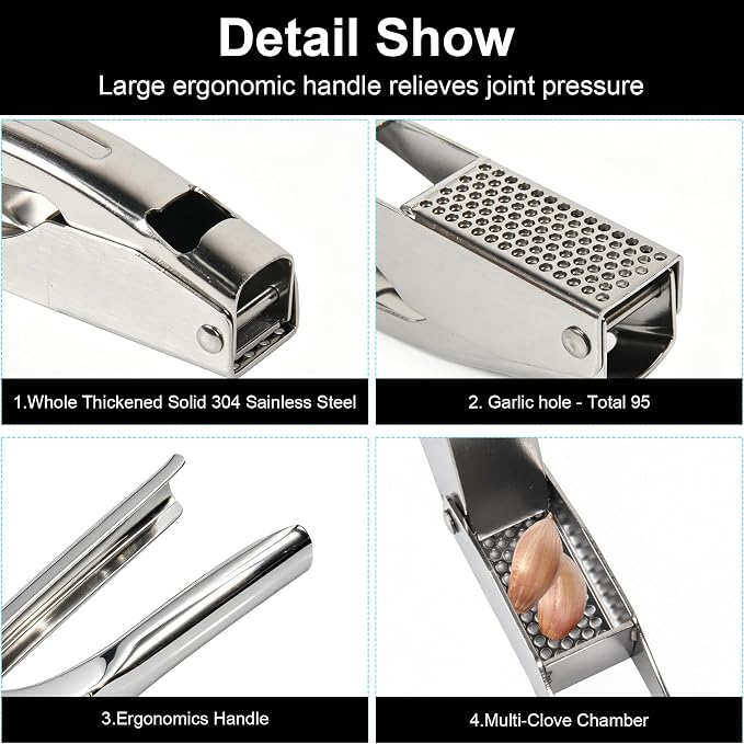Garlic Press Stainless Steel, Garlic Mincer & Crusher with Peeler Tube and Cleaning Brush, Large Capacity Ergonomic Handle, No Need to Peel, Dishwasher Safe Garlic Press with Built-in Bottle Opener