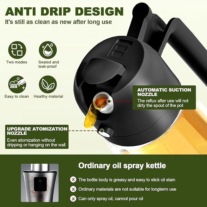 Oil Spray Bottle for Cooking, Premium Glass 2 in 1 Oil Dispenser for Kitchen, Food Grade Oil Sprayer Containers with Nozzle, Oil Bottle for Air Fryer, Roasting and Frying 500 ML