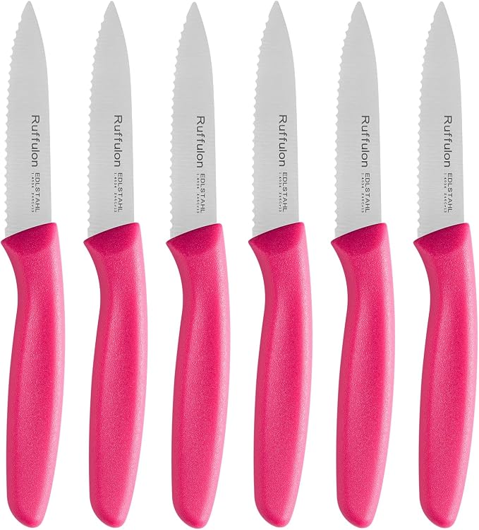 Stainless Steel Paring Knife With Serrated Blade, 6 Pieces Set Vegetable and Fruit Knife, Ultra Sharp Small Kitchen Knife, Rosy Paring Knives with PP Plastic Ergonomic Handle.