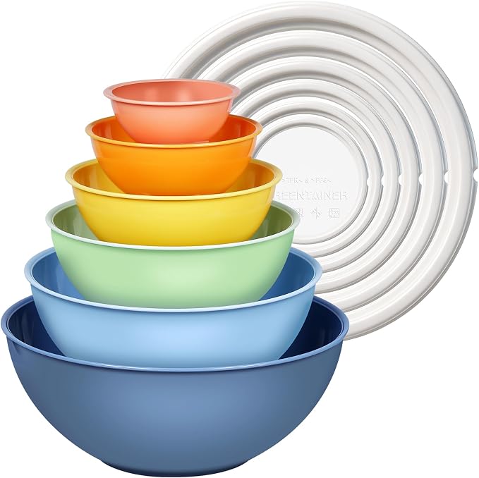 Greentainer Plastic Mixing Bowls with Lids Set for Kitchen, 6 Set Nesting Bowls for Mixing, Baking, Prepping, Cooking and Serving Food, Mixing Bowls Dishwasher, Microwave Safe