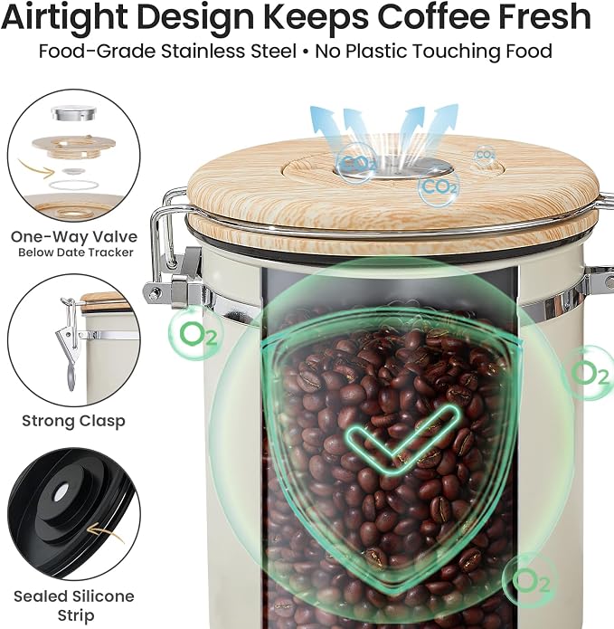 Veken Coffee Canister, Airtight Stainless Steel Food Storage Container,16OZ | Date Tracker, Kitchen Jars for Beans,Ground, Espresso, Rice,Tea, Sugar,Cereal,Cookie, Bar Accessories,Gifts, Lids,Scoop,Cream