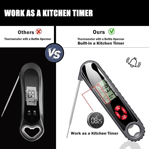 3 in 1 Meat Thermometer Digital with Beer Bottle Opener, Built-in a Kitchen Timer. Waterproof, Large Backlit Screen, Perfect Kitchen Accessories,BBQ Grill Cooking Gifts for Men,Fathers Day Gift