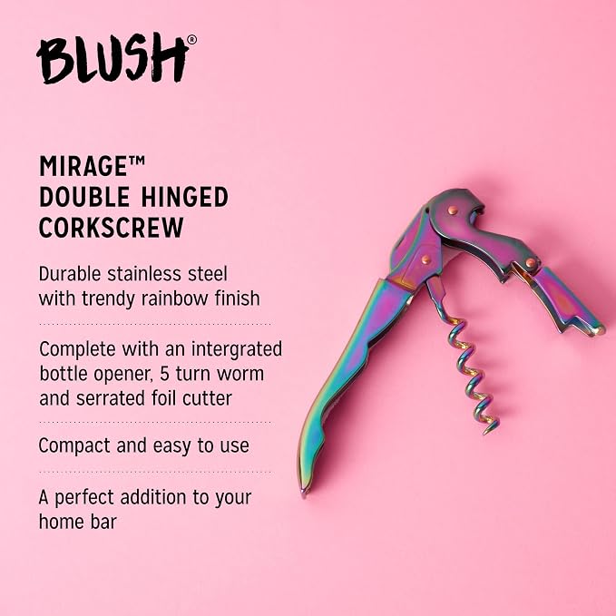Blush Mirage Iridescent Double Hinged Corkscrew Wine Opener with Built-in Beer Bottle Opener, Stainless Steel Wine Key with Foil Cutter, Home Bar Gifts for Women, Bridesmaid Gifts, Kitchen and Travel