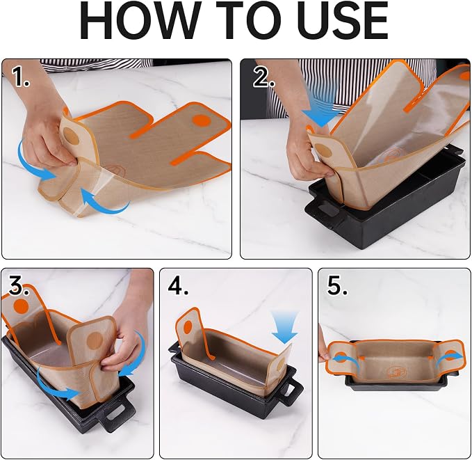 NiHome 4-Pack Silicone Bread Loaf Pan Liners, Reusable and Nonstick Silicone Bread Sling, Fit for 9x5, 9.5x5, and 10x5 Inch Loaf Pans, Dishwasher Safe, Easy to Clean - Brown base, orange edges
