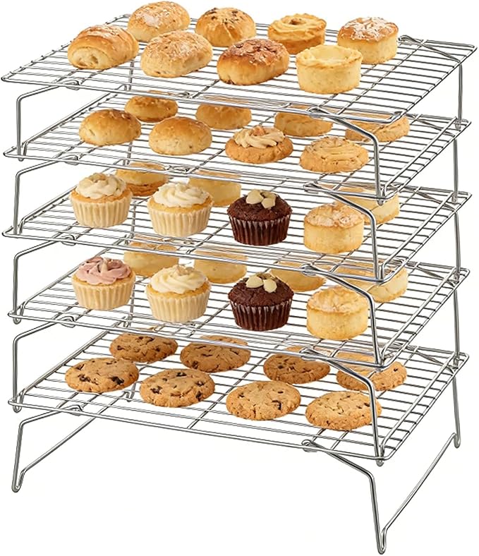 Herogo 5-Tier 15" x 10" Cooling Rack, Stainless Steel Baking Rack for Cookies, Cupcakes, and Pastries, Collapsible Space-Saving Design, Dishwasher Safe, Ideal for Baking, Roasting, and Drying