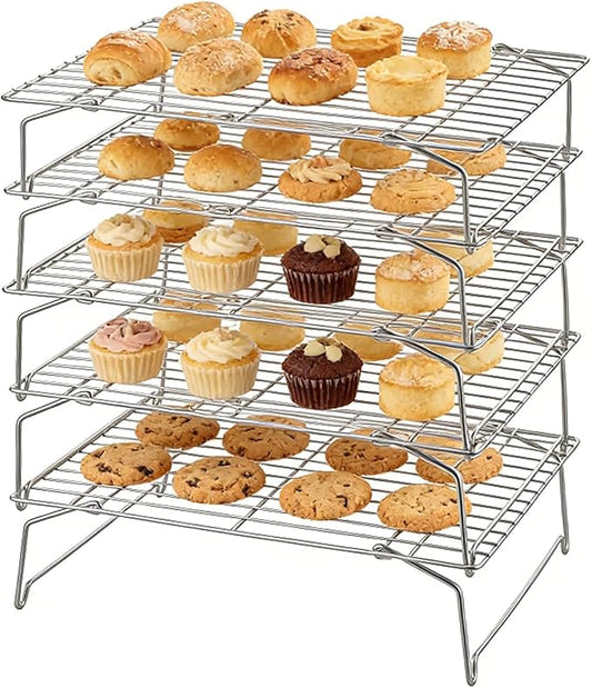 Herogo 5-Tier 15" x 10" Cooling Rack, Stainless Steel Baking Rack for Cookies, Cupcakes, and Pastries, Collapsible Space-Saving Design, Dishwasher Safe, Ideal for Baking, Roasting, and Drying
