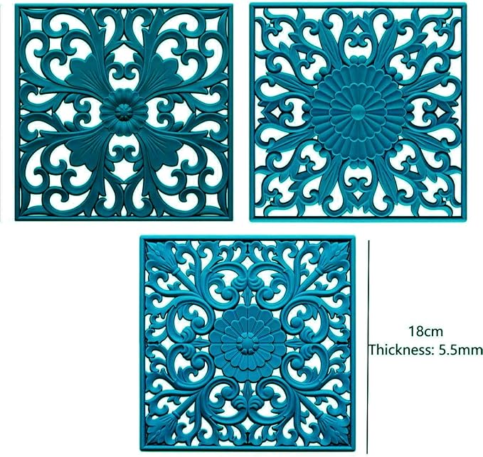 Silicone Trivets for Hot Dishes-Pots&Pans, Square Multi-Use Carved Trivet, Insulated Silicone Mats, Flexible Trivet Mat for Countertop & Tabletop, Pot Holders Hot Pads Set 3 Teal