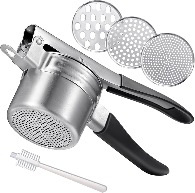 Potato Ricer, AMOHEE 15oz Stainless Steel Potato Masher Upgrade Heavy Duty Design with Anti-Slip Handle Ricer for Mashed Potatoes, Carrots, Yams, Black