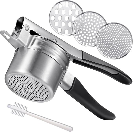 Potato Ricer, AMOHEE 15oz Stainless Steel Potato Masher Upgrade Heavy Duty Design with Anti-Slip Handle Ricer for Mashed Potatoes, Carrots, Yams, Black