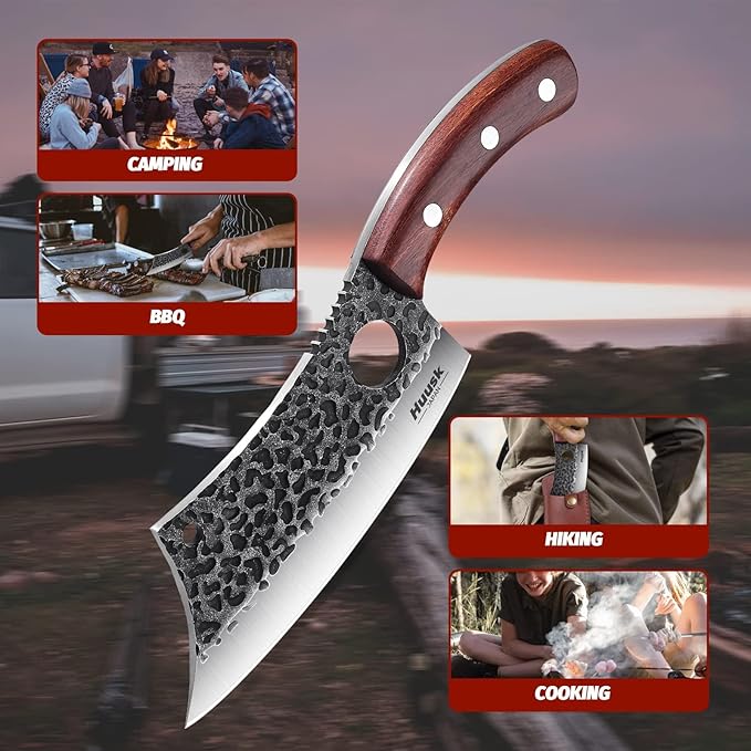Huusk Meat Cleaver Knife, Hand Forged Butcher Knife for Meat Cutting, Full Tang Viking Knives with Sheath, Japanese Chef Knives for Outdoor Cooking, Camping, BBQ, Father Gift for Man and Women