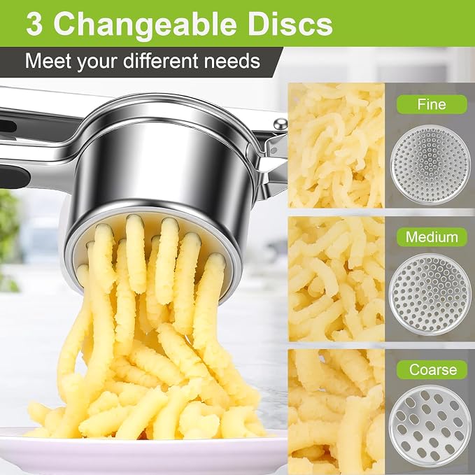 Potato Ricer Stainless Steel, Heavy Duty Potato Masher with Ergonomic Handle, Large 3 Interchangeable Discs Ricer for Mashed Potatoes Dishwasher Safe, Efficiently Make Fluffy Smooth Mashed Potatoes