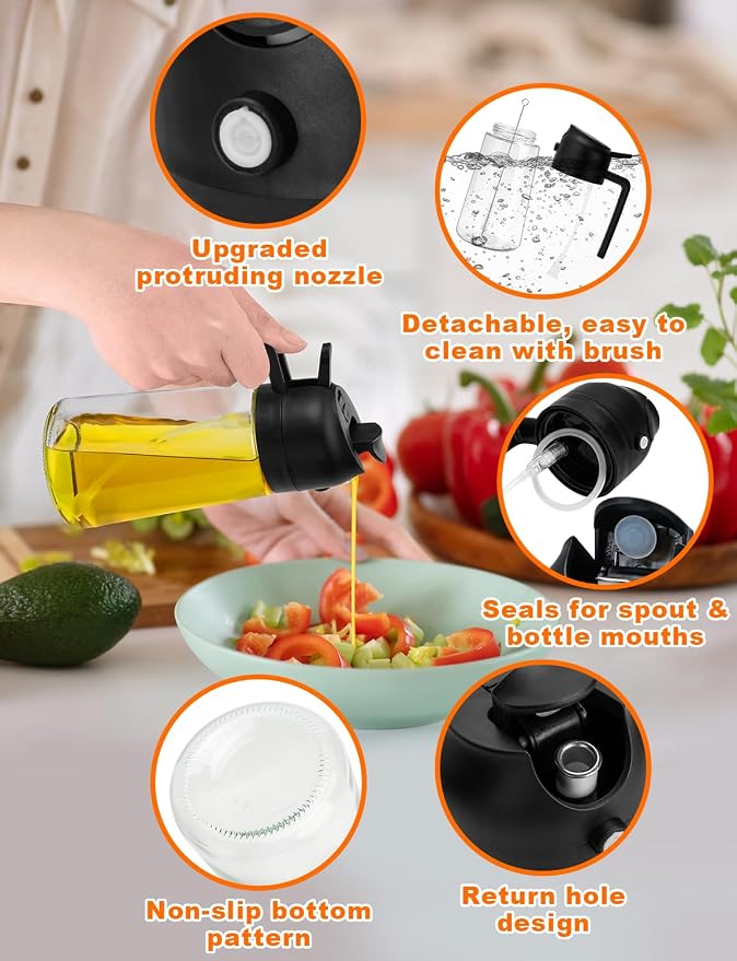 Oil Sprayer for Cooking Oil Oil Spray Bottle Kitchen 2 in 1 Glass Oil Atomiser 470 ml Oil Sprayer Oil Bottle Oil Dispenser for Grilling, Cooking, Salads, Baking, Healthy Food Kitchen Utensils
