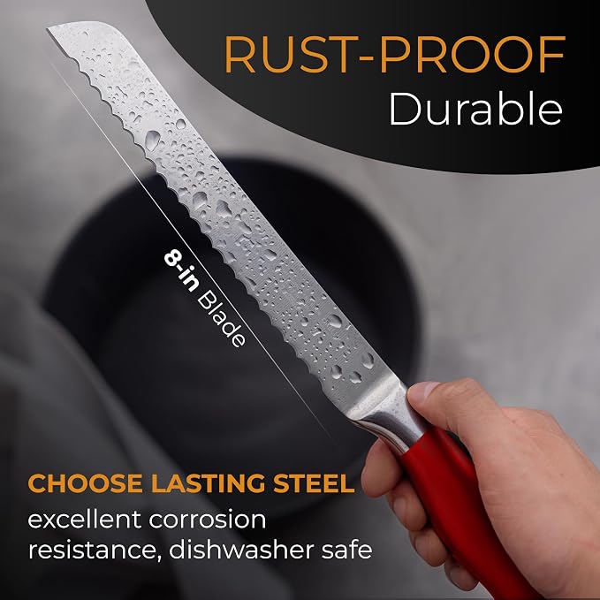 Orblue Serrated Bread Knife Ultra-Sharp Stainless Steel Professional Grade Bread Cutter - Cuts Thick Loaves Effortlessly - (8-Inch Blade with 4.9-Inch Handle), Red