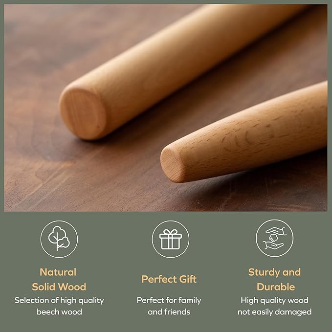 Muso Wood Wooden French Rolling Pin for Baking, Beech Wood Tapered Rolling Pin for Fondant Pie Crust Cookie Pastry(French 15.75-Inch)