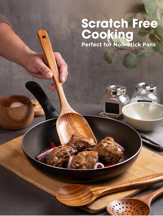 New Kitchen 6 Piece Non Toxic Wooden Spoons for Cooking - Smooth Finish Teak Kitchen Utensils Set - Non-Stick Wooden Spatula Perfect for Pasta, Mixing and Kitchen Essential and Gift