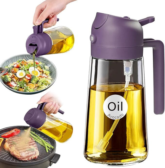 YARRAMATE 16 oz 2-in-1 Glass Olive Oil Sprayer for Cooking, Purple | Food-grade dispenser bottle, 470 ml, spray and pour, portion control, stickers included, for salad, frying and BBQ