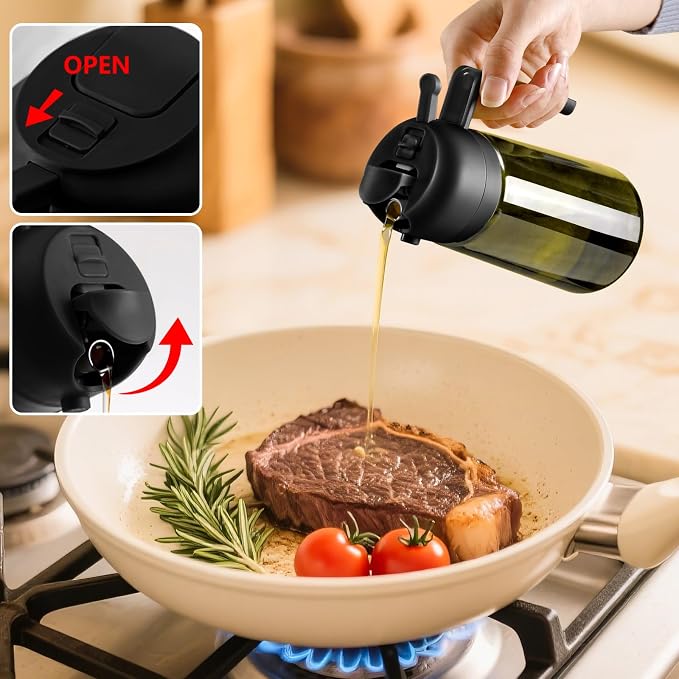 SWEET VIEW 2PCS Olive Oil Dispenser and Oil Sprayer | 16oz/470ml Glass Light-Proof Oil Pourer for Kitchen Air Fryer, Cooking, Salad, and BBQ, with Stickers