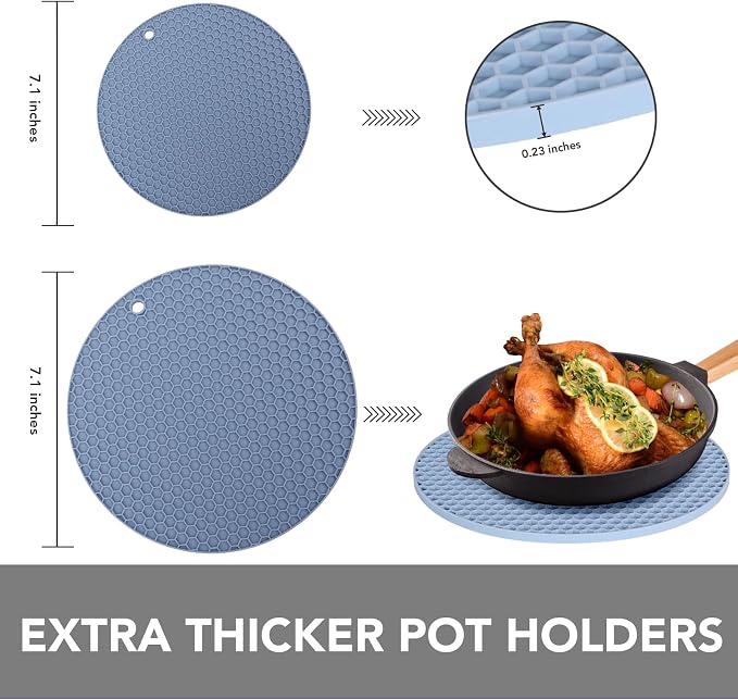 4 Pack Silicone Trivet for Hot Dishes | Heat Resistant Silicone Pot Holders for Kitchen Countertops, Hot Dishes, Jar Opener, Spoon Holder, Easy to Wash, Blue