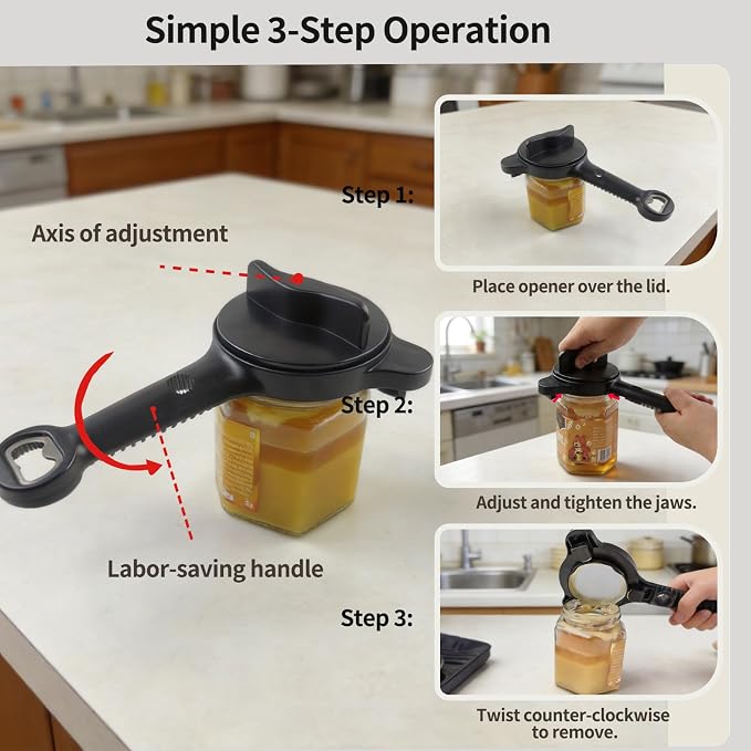 Jar Opener for Weak Hands, Seniors with Arthritis, 4-in-1 Multi-Purpose Lid Opener Includes Magnetic Hook & Rubber Gripper for Jars, Bottles and Beer Caps (Black)