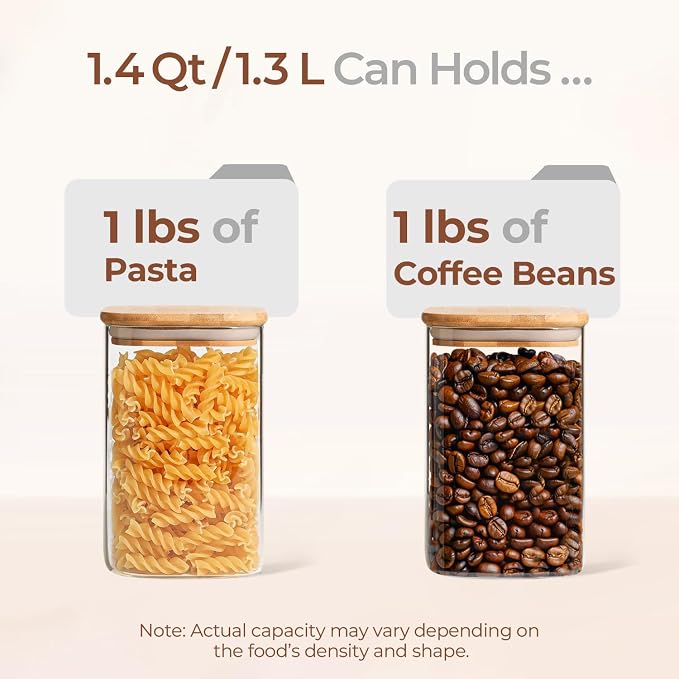 ComSaf Glass Storage Containers wtih Lids 1.4 Qt, Set of 3 Galss Jars | Glass Pantry Storage Containers, Square Kitchen Canisters, Lid with Silicone Seal, Cookie, Cereal, Coffee, 44oz, BPA Free