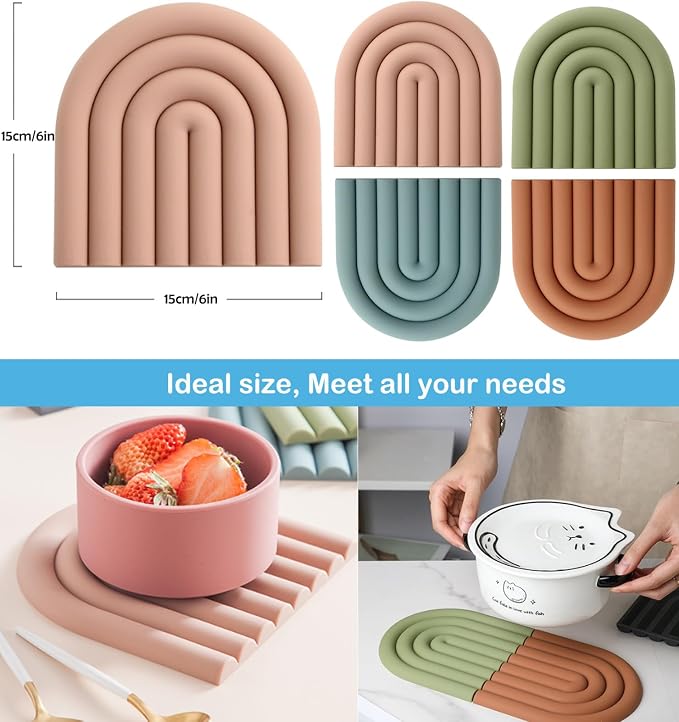 Trivets for Hot Dishes, Colorful Silicone Trivet Mats, Heat Resistant Pot Holders, Multipurpose Non-Slip Hot Pads for Kitchen Potholders, Silicone Trivets for Pot Pan Protectors, Coasters, 6", 4 Pack