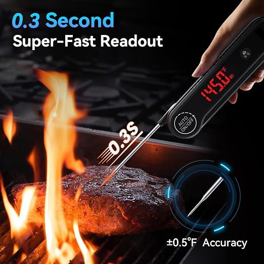 0.3s Ultra‑Fast Instant Read Meat Thermometer, IP67 Waterproof Food Thermometer with Rotating Display & Calibration Function for Grill BBQ Frying Kitchen Cooking(Black)